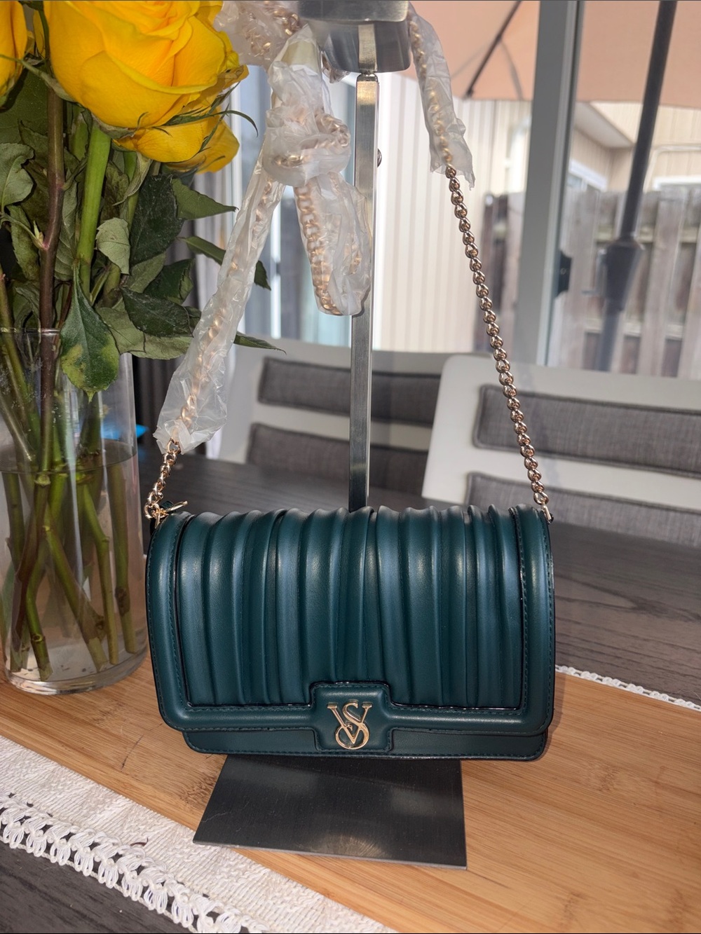 Victoria's Secret Dark Blue/Green Quilted Chain Shoulder Bag Gold Hardware